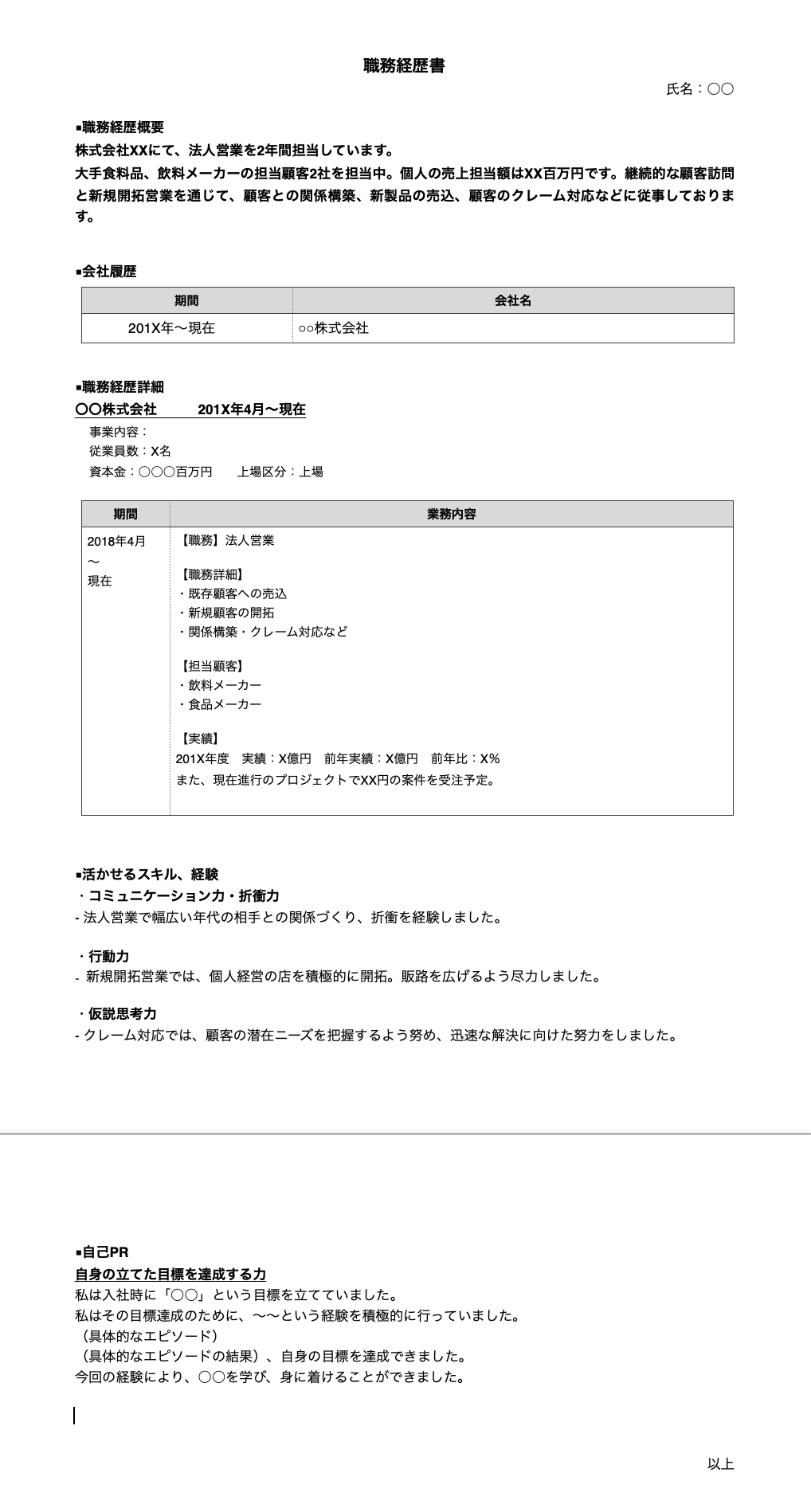 職務経歴書のテンプレート