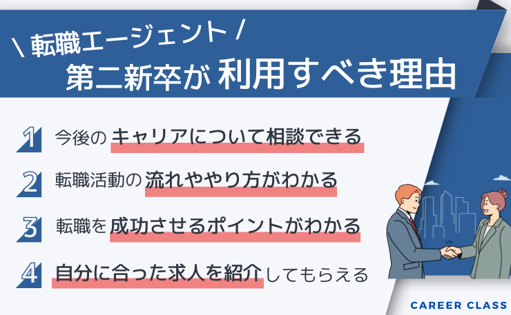 第二新卒の方が転職エージェントを利用すべき理由を挙げたイメージ画像