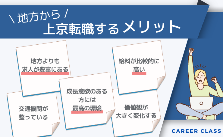 上京転職のメリットを挙げたイメージ画像