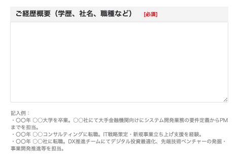 ご経歴概要（学歴、社名、職歴など）欄のキャプチャ